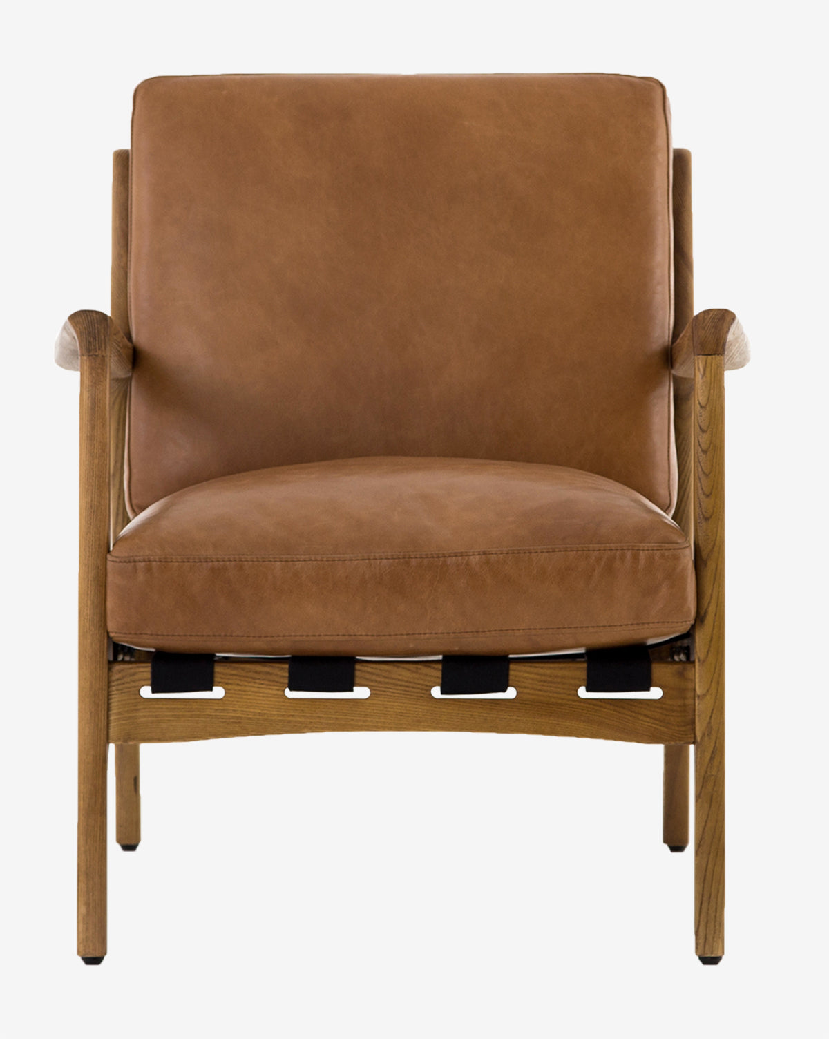 The Lanston accent chair showcases a modern ash wood frame and light brown leather cushions, displayed front-facing against a plain white background from Vendixs