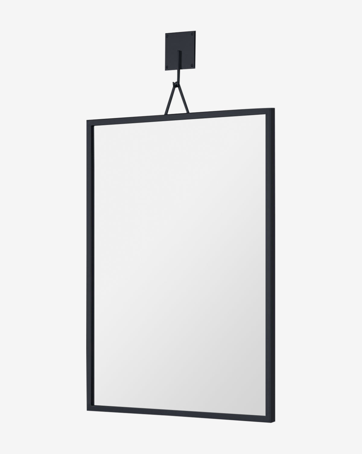 The Leonidas Wall Mirror, a rectangular industrial piece with a thin black frame, hangs vertically from a black square wall mount with a strap, set against a plain white background by McGee & Co.