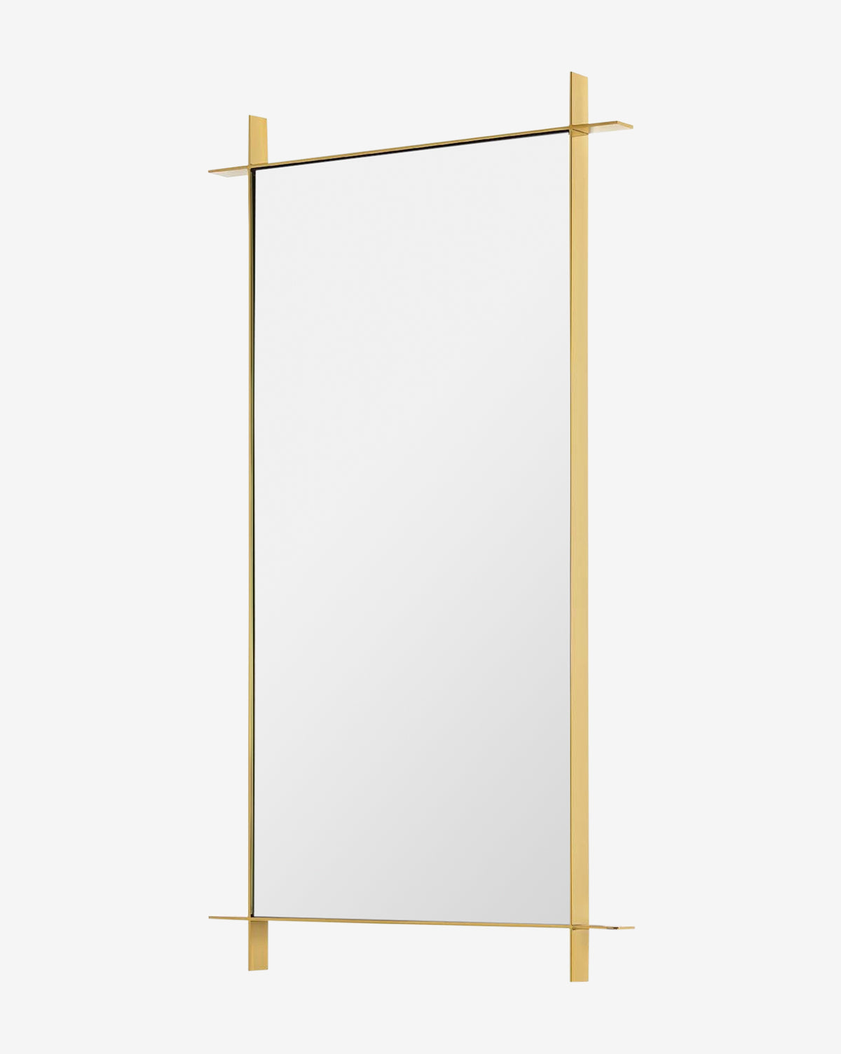 The Levon Wall Mirror features a thin gold metal frame that extends slightly at the corners for a minimalist, modern look. This elegant mirror is shown against a plain white background by Vendixs