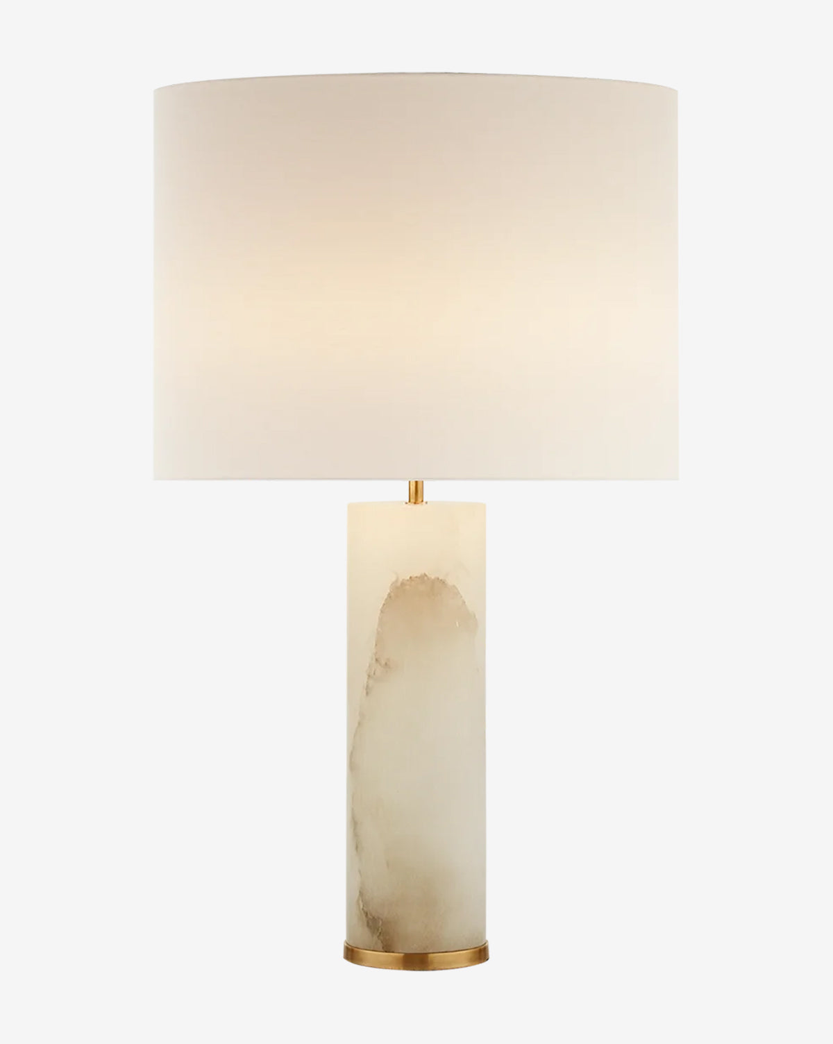 The Lineham Table Lamp by Visual Comfort & Co. Signature features a cylindrical white marble base with natural veining, a gold accent, and a large white drum shade—an elegant addition to any room. Vendixs