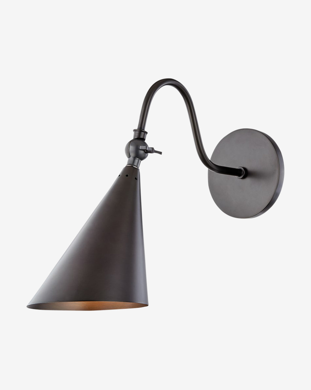 The Lupe Sconce by Hudson Valley Lighting features a modern black finish, round base, curved arm, and conical lampshade for adjustable lighting, shown against a plain white background. Vendixs