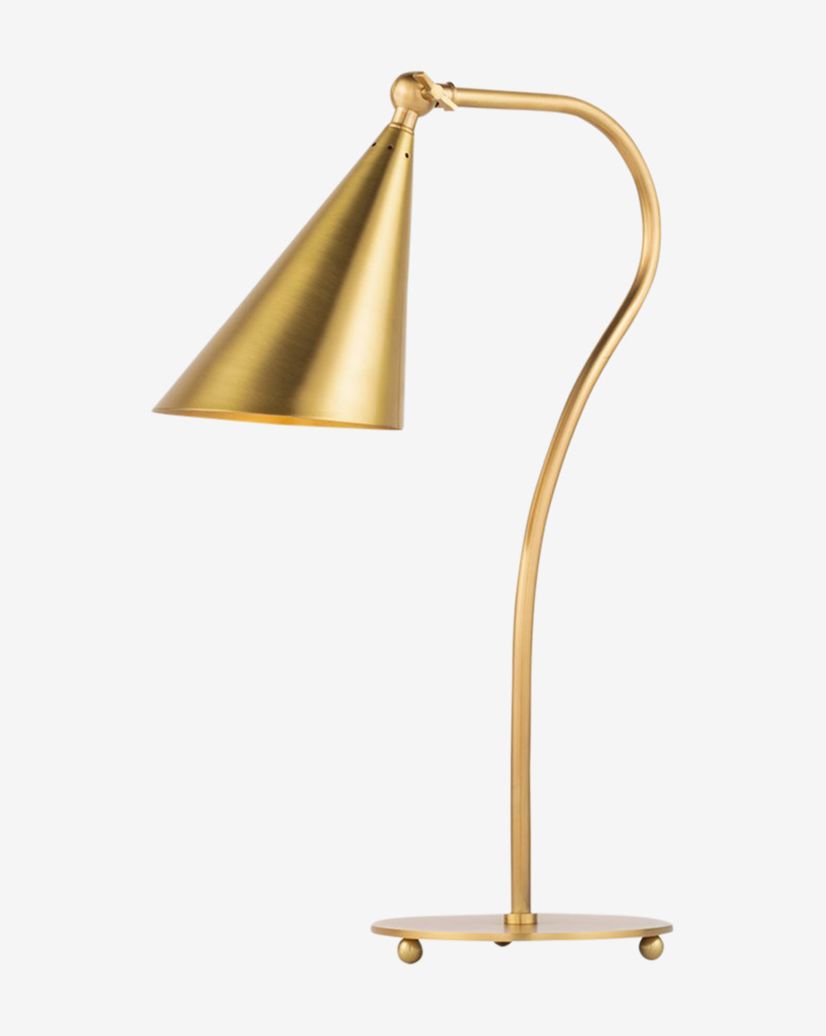 The Lupe Table Lamp features a modern brass design with a conical shade, curved stem, and round base, echoing mid-century style and shown against a plain white background by Vendixs