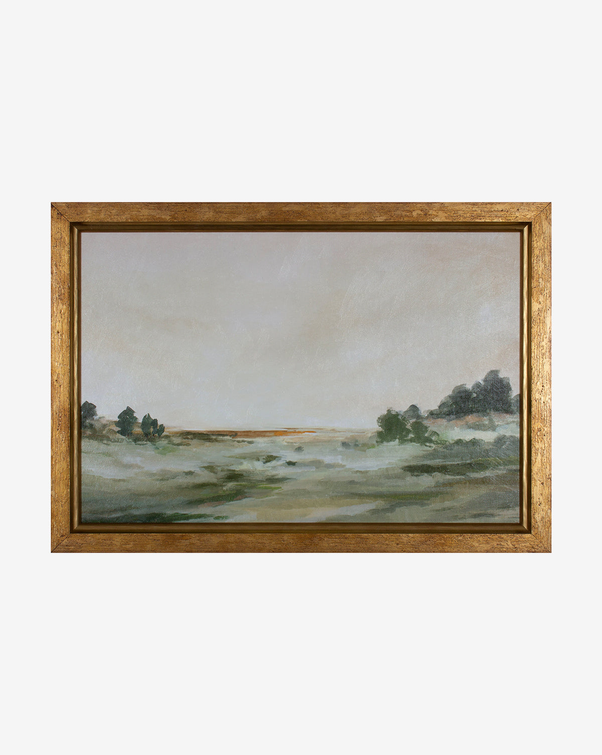 The Lush Landscape is a framed canvas art piece depicting a serene, grassy field and green trees under a muted sky, all in soft brushstrokes. Crafted with gallery-quality materials, its golden brown frame brings timeless elegance.