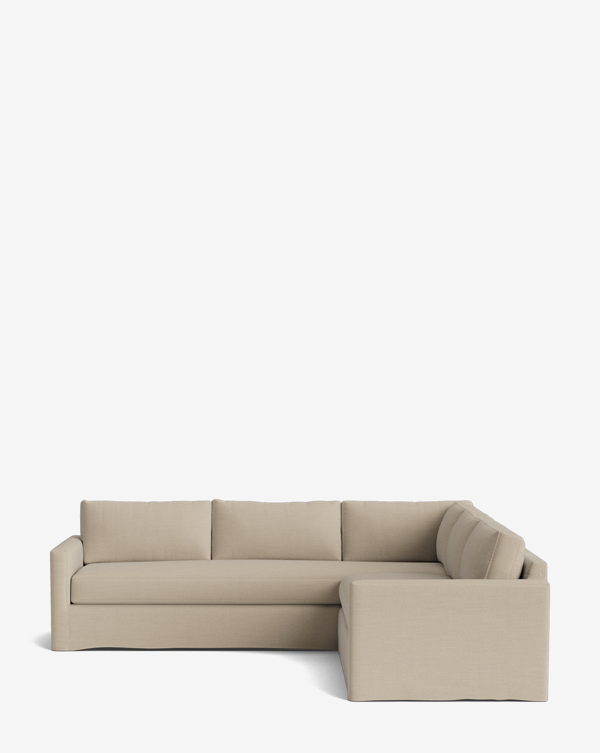 The Macy Slipcover L Sectional 108 by Community is a beige, deep design sofa with three seat cushions and a right-facing chaise, featuring clean lines and minimalism, shown against a plain white background for spacious comfort and style by Vendixs