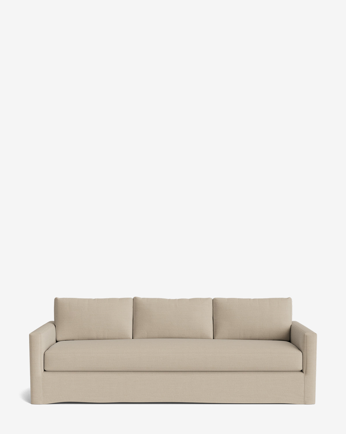 The Community Macy Slipcover Sofa (84-96) in beige features three seat and backrest cushions, straight arms, and a minimalist design—ideal as stylish living room furniture against a plain white background. Vendixs