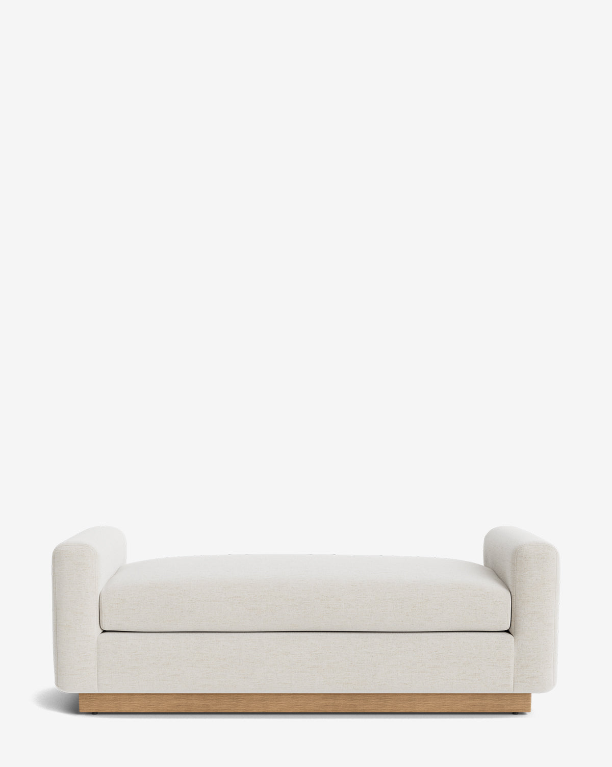 The Community Mansfield Bench features a modern, low-profile design with cream upholstery, cylindrical armrests on both sides, and a wooden base, shown against a plain white background by Vendixs