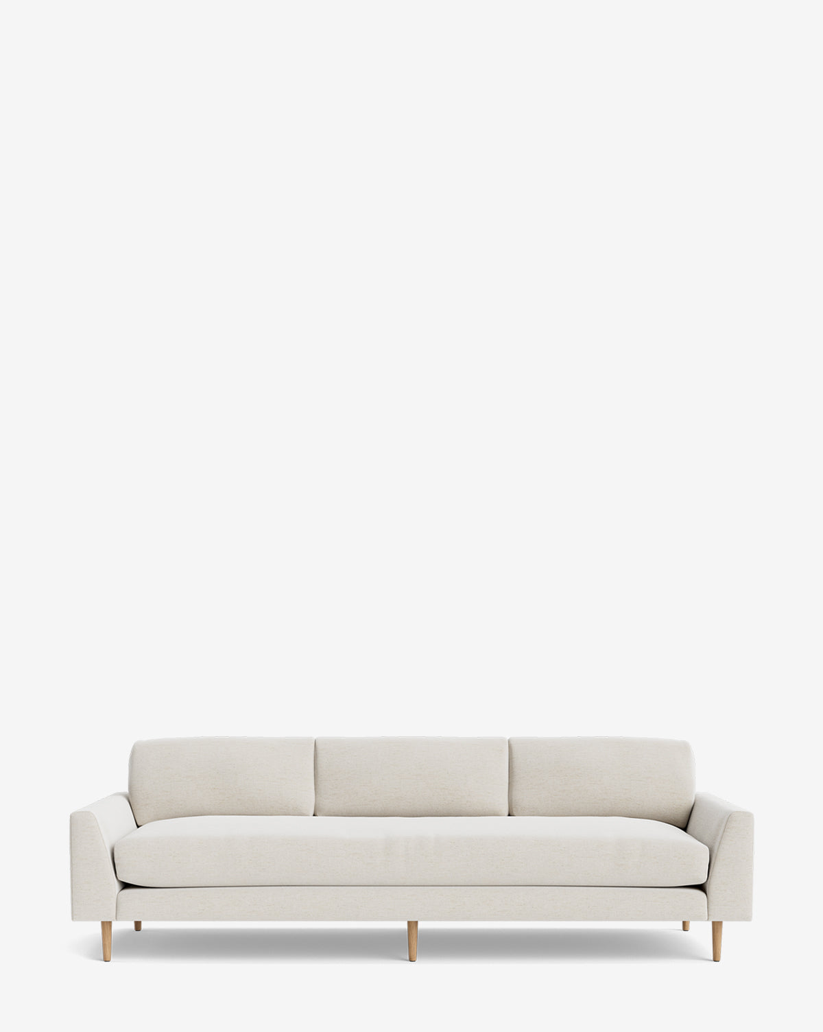 The Test Product Test Sofa features a modern, minimalist mid-century design in light beige, with three seat and back cushions plus wooden legs, shown against a plain white background by Vendixs