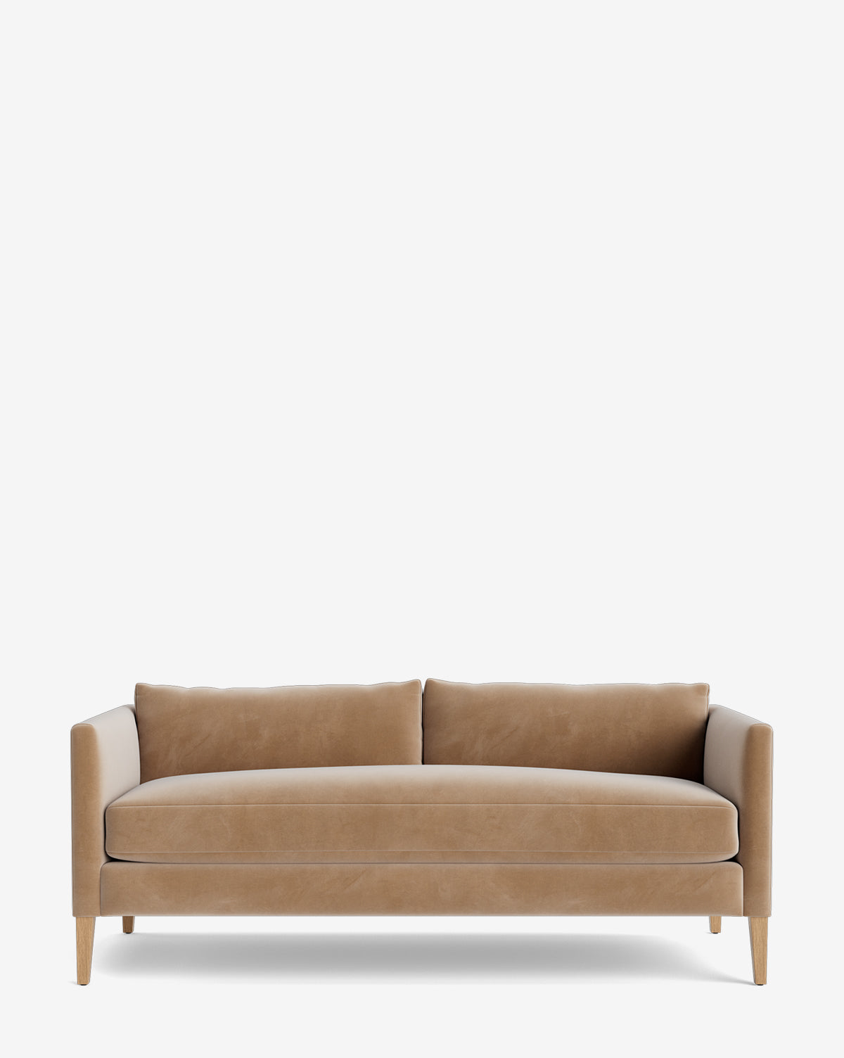 The Community Cade Sofa 80 features a modern tan design with a white oak frame, wooden legs, two back cushions, and straight armrests in minimalist style, shown on a plain white background. Vendixs