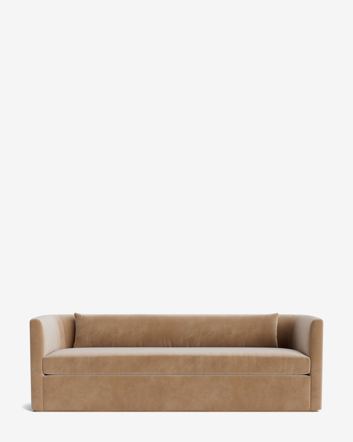 The Community Reese Sofa (84-96) showcases a modern tan velvet design with straight arms, a low backrest, plush down-wrapped cushions, and handcrafted alder wood accents, presented on a white background. Vendixs