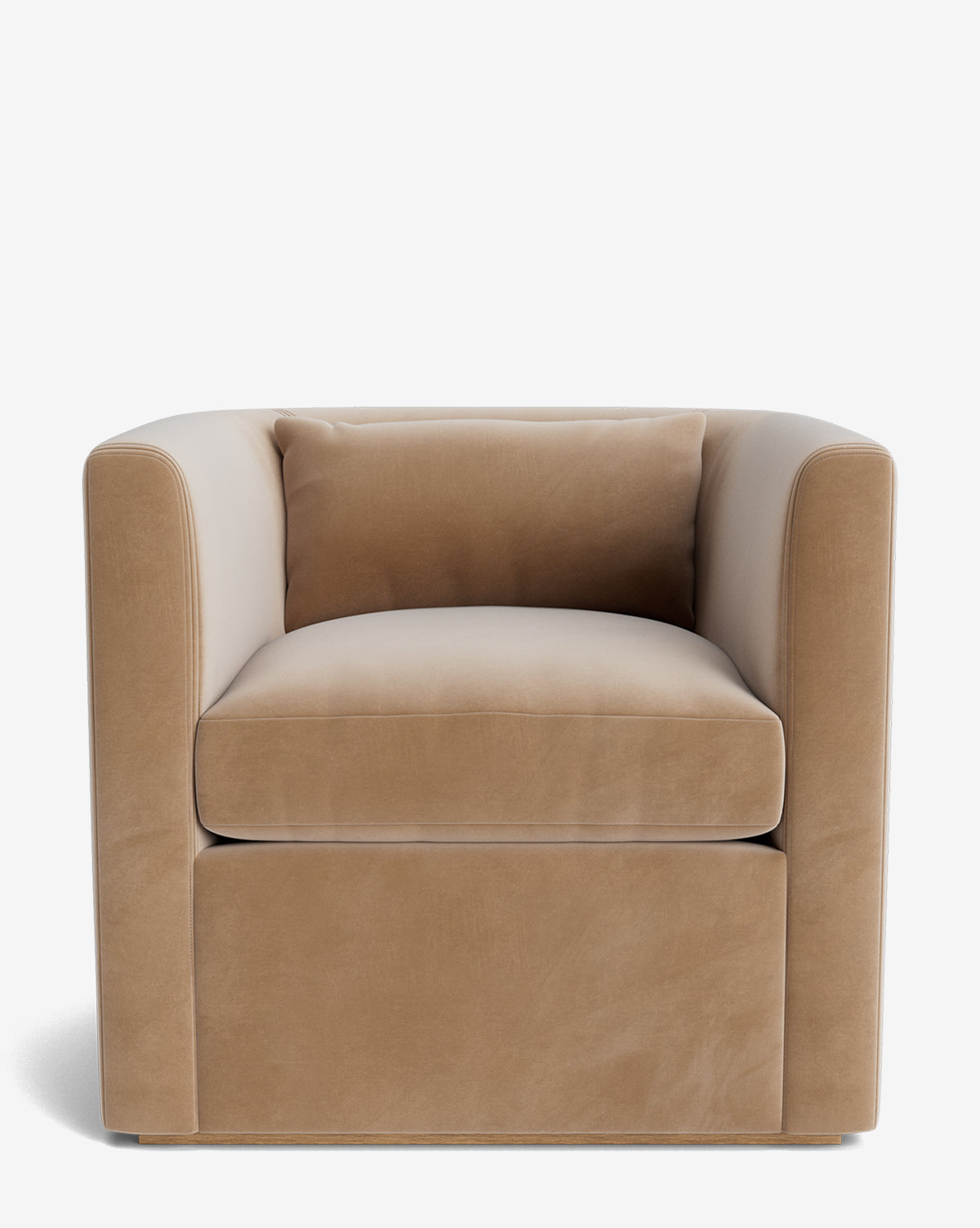 The Reese Lounge Chair showcases a boxy silhouette with thick straight arms, down-wrapped cushions, and soft light brown velvet upholstery. An elegant accent chair from Vendixs