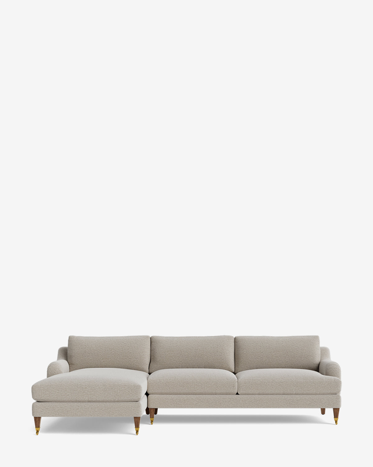 The Community Lucille English Roll Arm Left Chaise Sectional 107 features light grey upholstery, three down-wrapped cushions, a left chaise lounge, and wooden legs with brass caps, shown against a plain white background. Vendixs