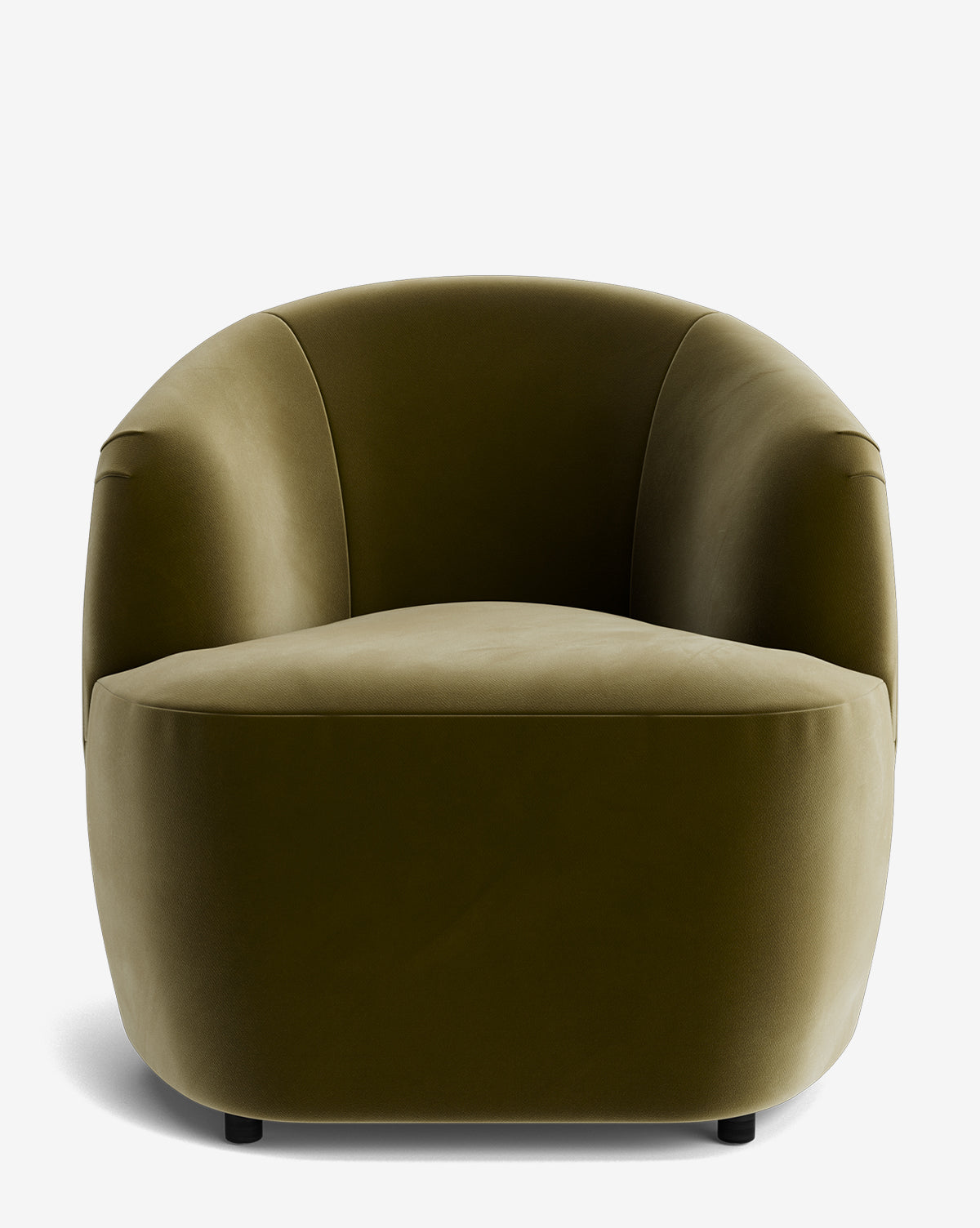 The Byron Chair is a modern olive green velvet chair featuring a smooth, minimalist design and a rounded, curved backrest, shown from the front against a white background by McGee & Co.