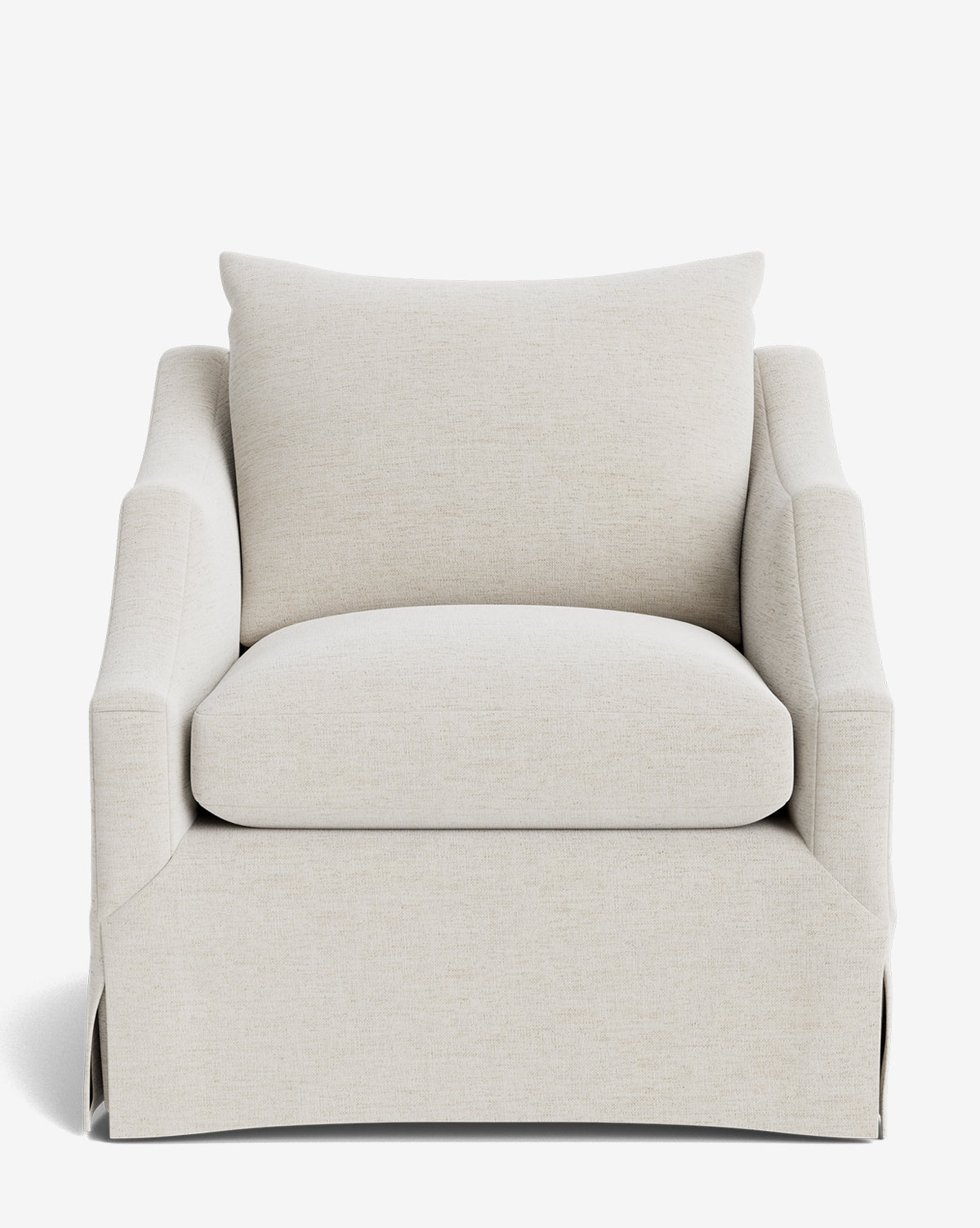 A front-facing view of the Everleigh Slipcover Lounge Chair, a modern armchair with a solid oak frame, light beige upholstery, wide armrests, deep seat, and a large back cushion by McGee & Co.