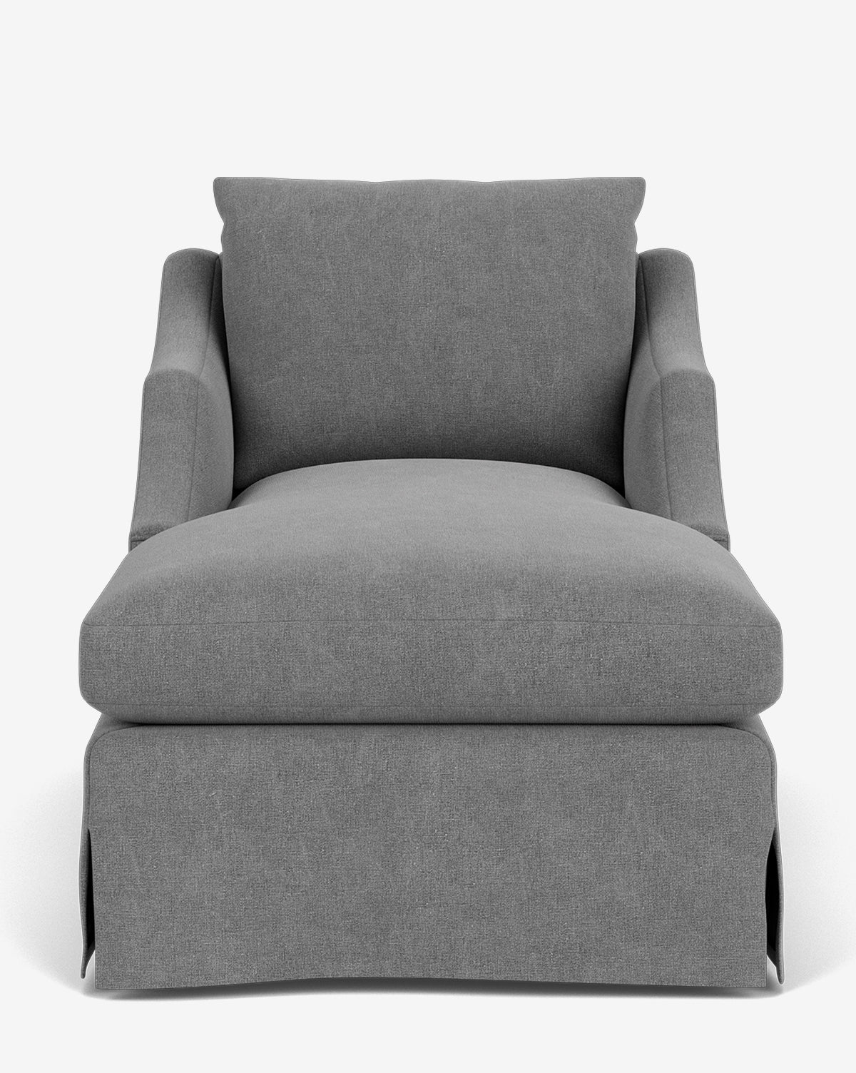A front view of the Everleigh Slipcover Chaise Lounge, featuring modern gray upholstery, a single cushion and pillow, subtle armrests, and a skirted base, set against a plain white background by McGee & Co.