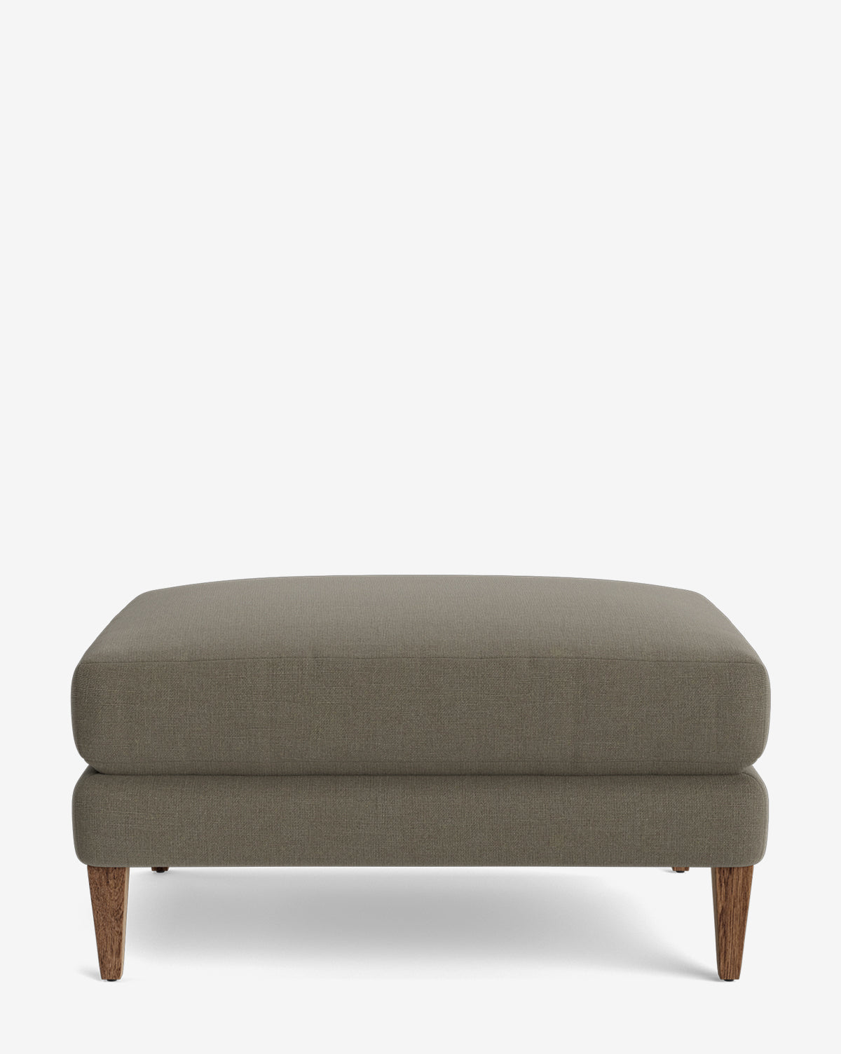 The Lucille Ottoman is a modern, rectangular piece with gray upholstery and wooden legs, displayed on a plain white background, by Vendixs