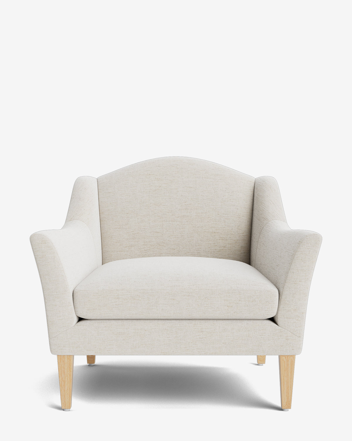 The Prudence Lounge Chair showcases a classic silhouette with light beige upholstery, wide curved arms, an arched backrest, and light wooden legs, blending modern style with high-quality fabric against a plain white background by McGee & Co.