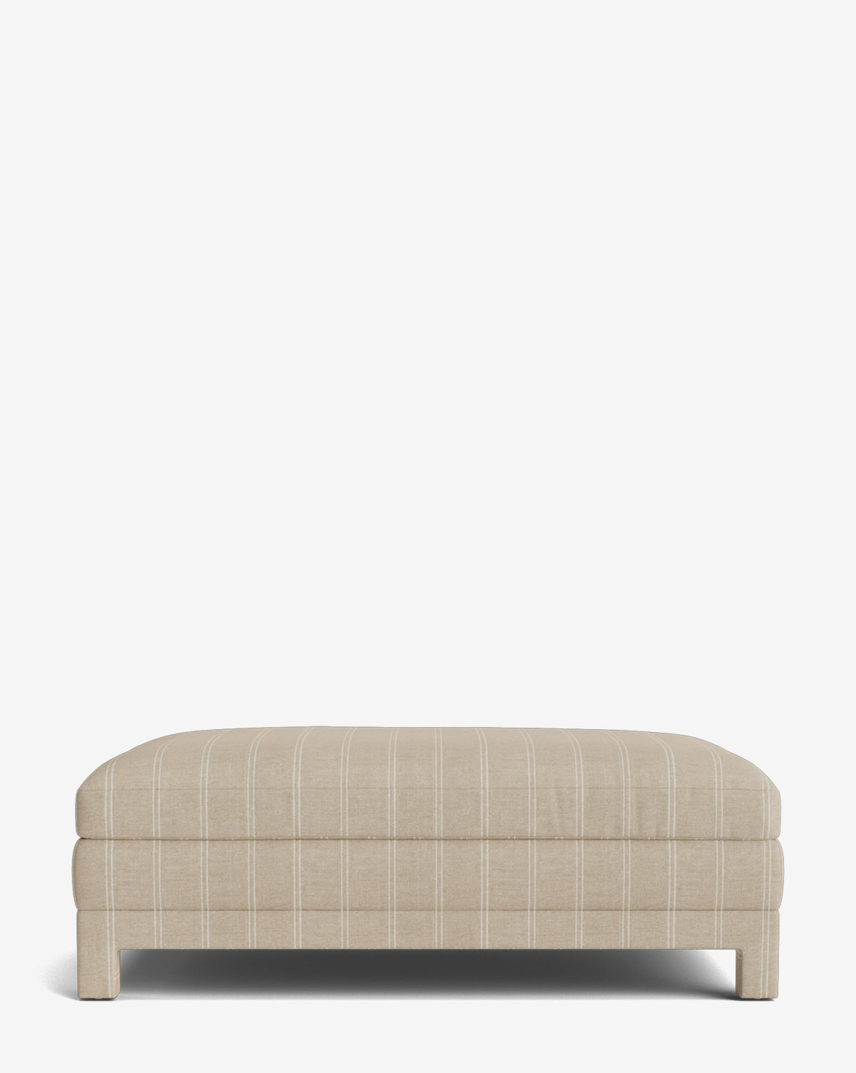The Appoline Ottoman, with its modern rectangular design, is upholstered in beige fabric featuring subtle vertical white stripes and displayed against a plain white background, by Vendixs
