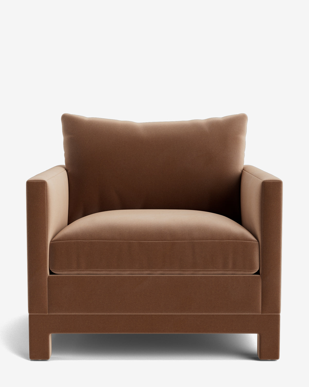 The Appoline Lounge Chair, a modern boxy armchair from our Upholstery Collection, features soft brown upholstery and a matching cushioned backrest, shown against a plain white background by McGee & Co.