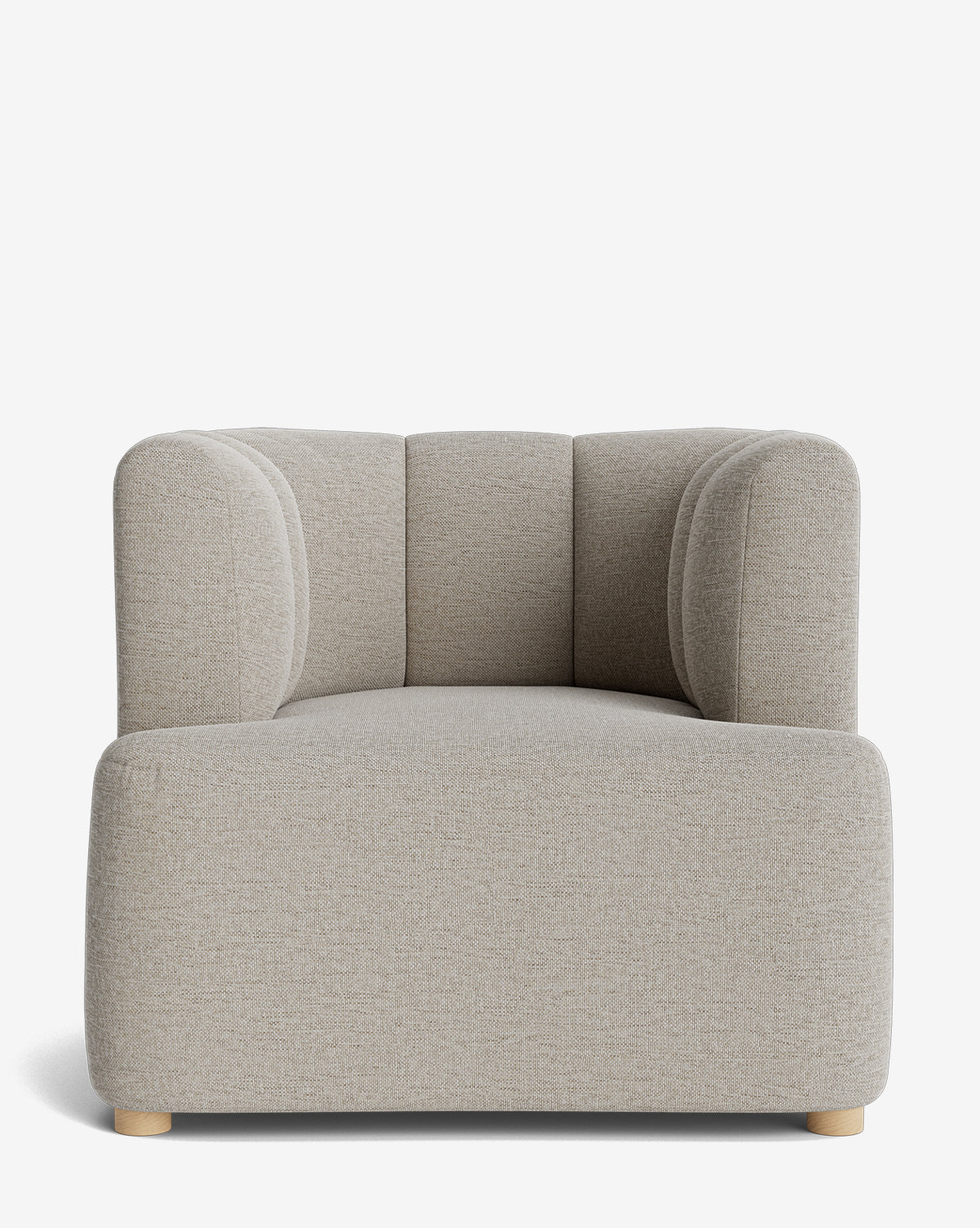 The Ines Lounge Chair features light beige upholstery, a wide seat, rounded backrest, and subtle wooden feet, all in a modern minimalist design. Photographed against a plain white background by McGee & Co.