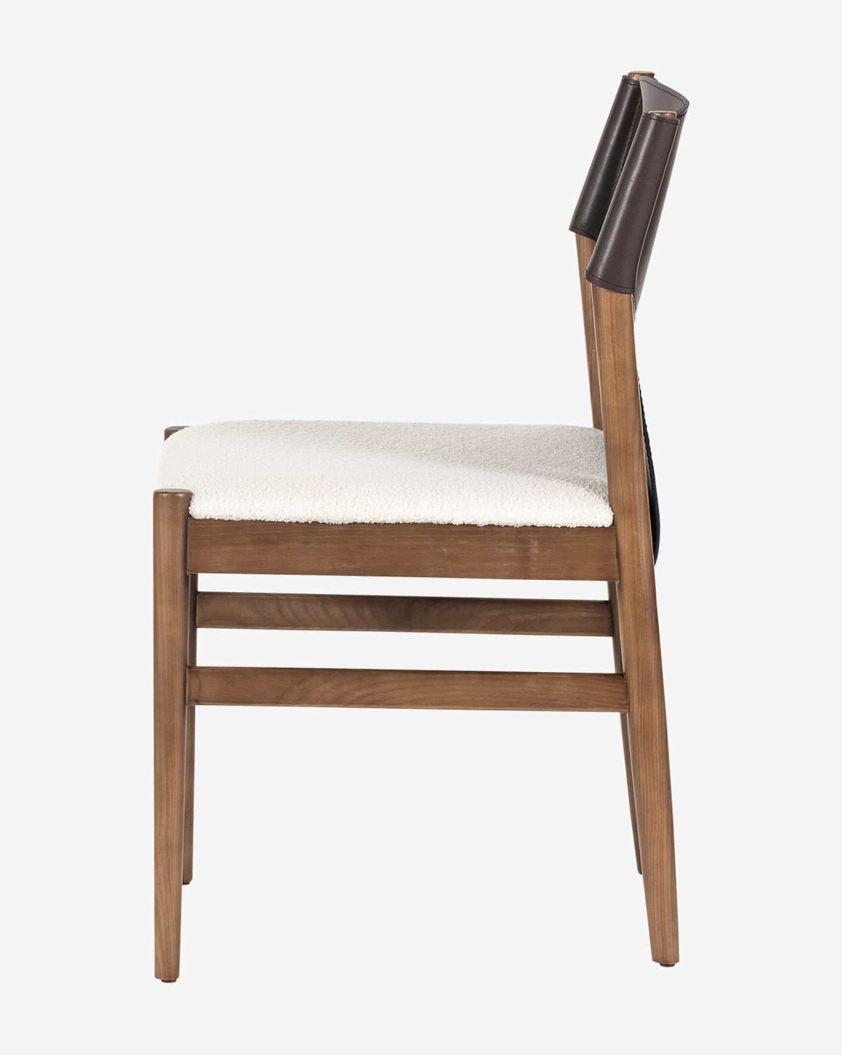 Side view of the Kelby Dining Chair, showcasing ash wood construction, a light upholstered seat, and a dark espresso leather-like backrest on a plain white background, by Vendixs