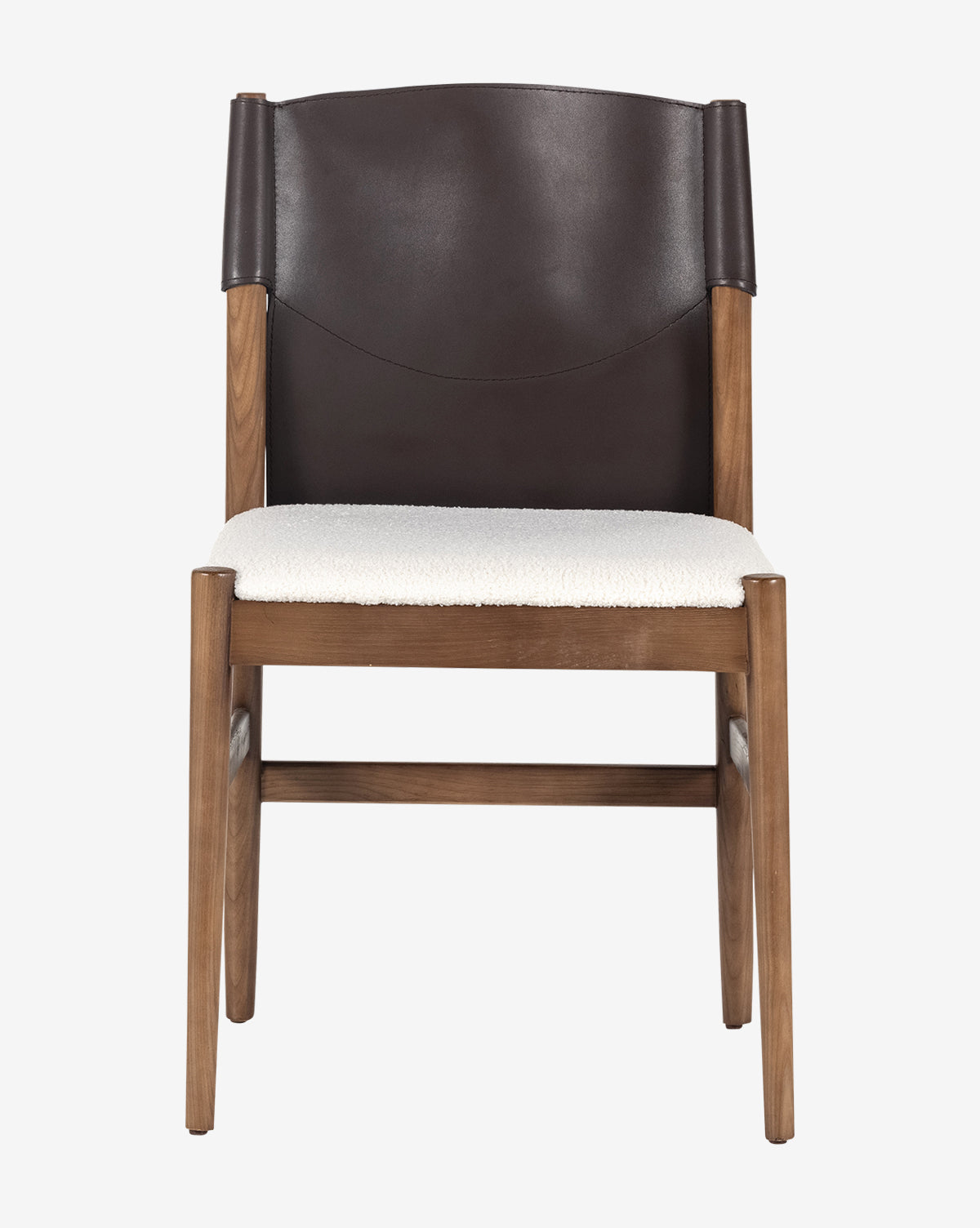The Kelby Dining Chair has an ash wood frame, cushioned white seat, and dark espresso leather backrest, shown from the front on a plain white background by Vendixs