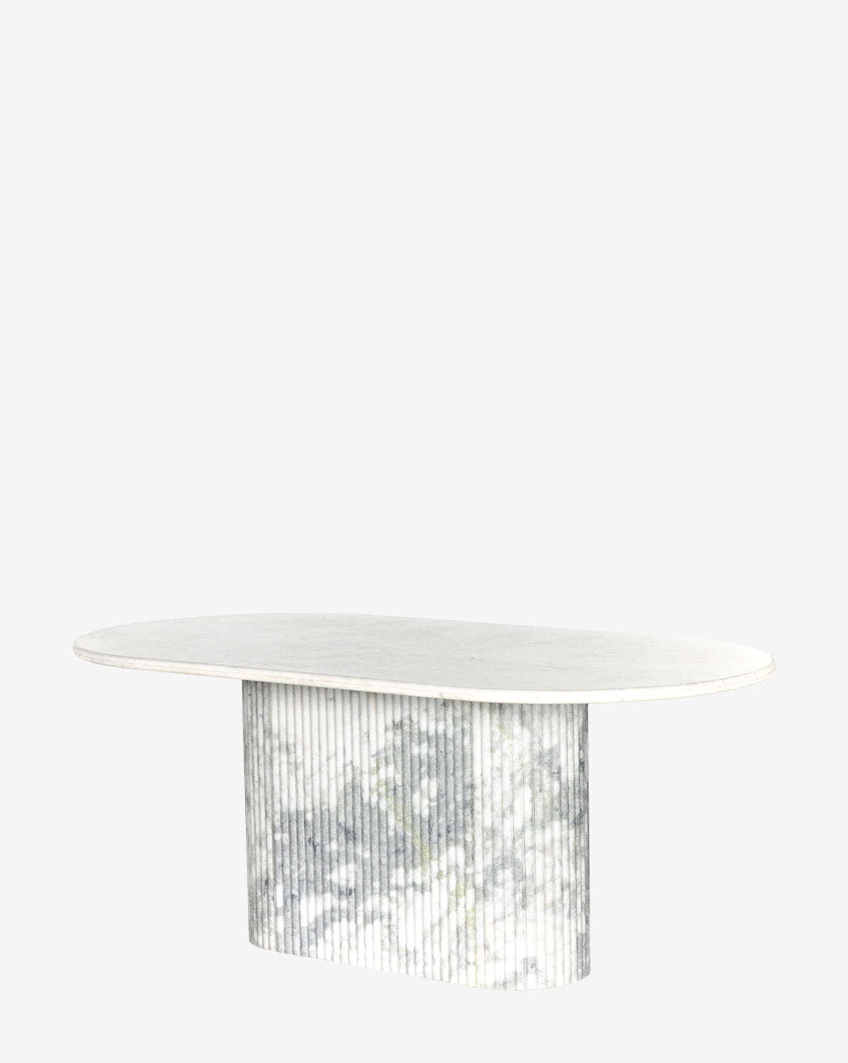 The Patrick Dining Table features a modern oval white marble top and a textured cylindrical gray marble base, inspired by Italian design, set against a plain white background by McGee & Co.