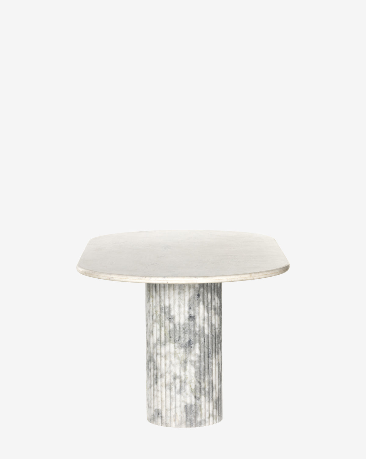 The Patrick Dining Table features a square, rounded-edge marble top and a fluted cylindrical base, presented against a plain white background by McGee & Co.