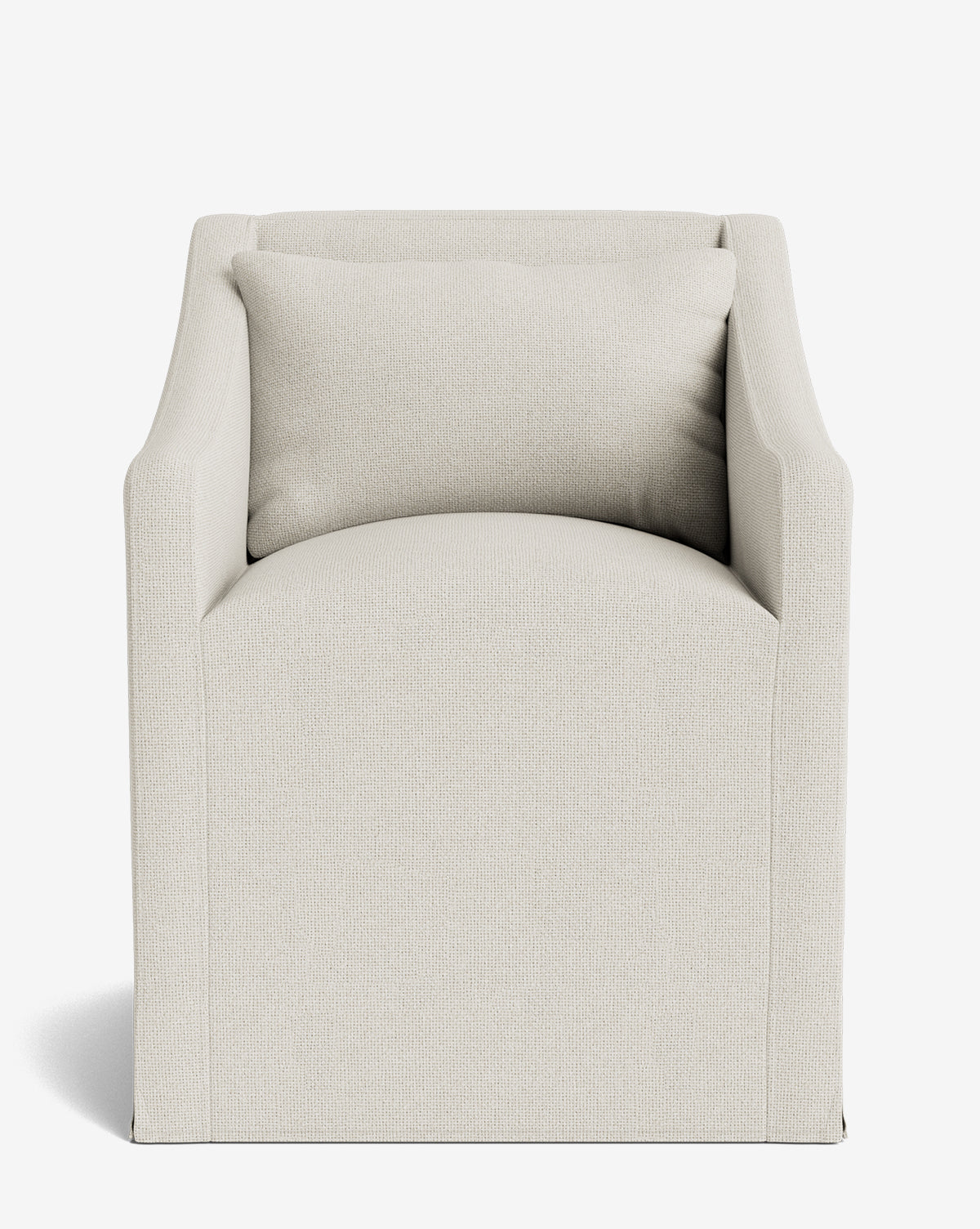 The Olivier Slipcover Dining Arm Chair is a modern, light beige upholstered chair with clean lines and a matching feather and down cushion, shown from the front against a white background by McGee & Co.
