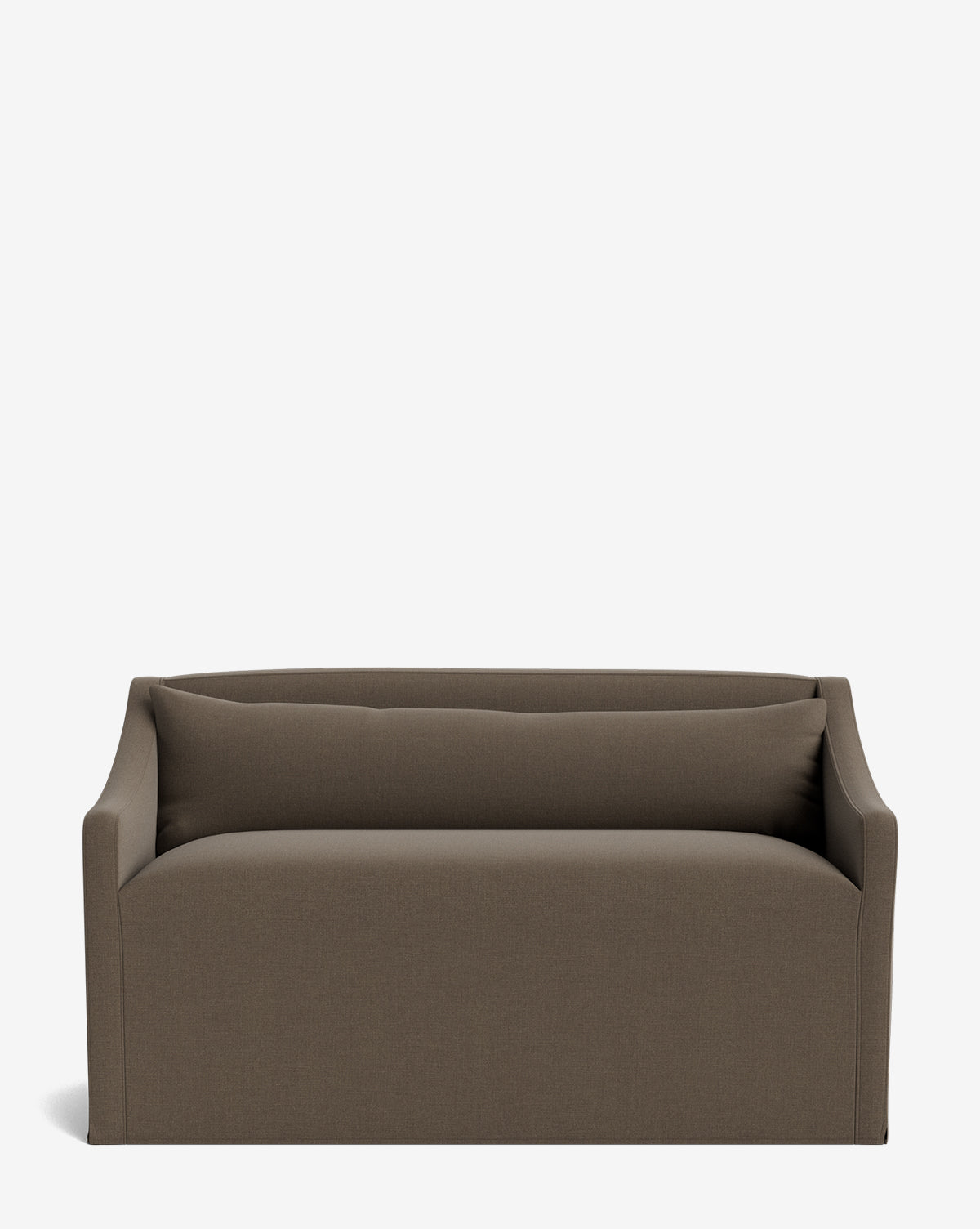 The Olivier Slipcover Dining Bench by Rowe Fine Furniture, Inc. features a modern design with a brown upholstered seat and straight arms, shown against a plain white background. Vendixs