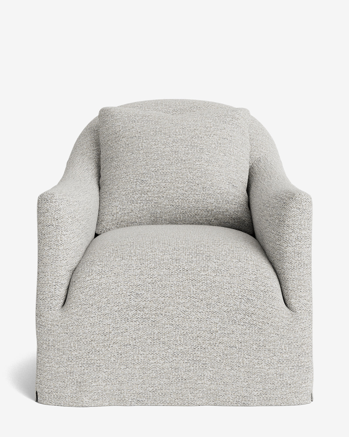 Front view of the Trudeaux Slipcover Swivel Chair, featuring modern light gray upholstery, a plush seat, curved arms, and a matching back cushion against a plain white background, by McGee & Co.