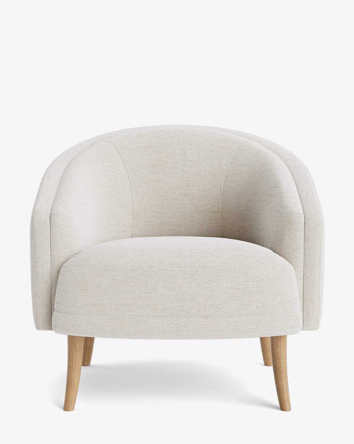 The Marguerite Lounge Chair is a modern piece with a rounded backrest, light beige upholstery, and wooden legs, shown from the front on a plain white background by McGee & Co.