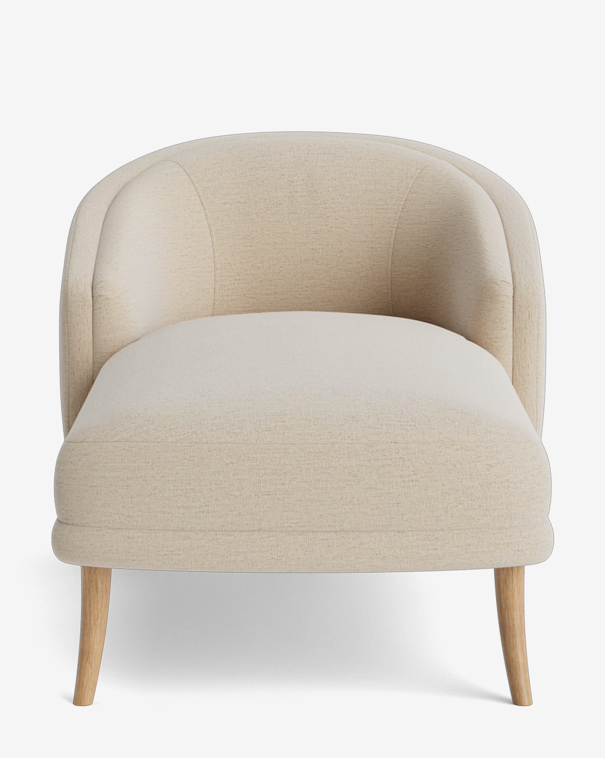 The Marguerite Chaise Lounge is a modern beige upholstered chair with curved armrests and light wooden legs, displayed from the front on a plain white background by McGee & Co.