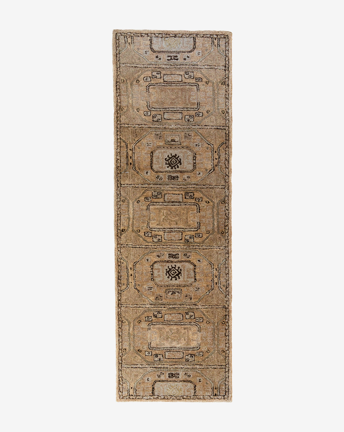The Ellington Fawn Hand-Tufted Wool Rug is a rectangular, narrow area rug with geometric patterns in brown shades, featuring repeating central medallions and bordered edges for a timeless look, by Vendixs