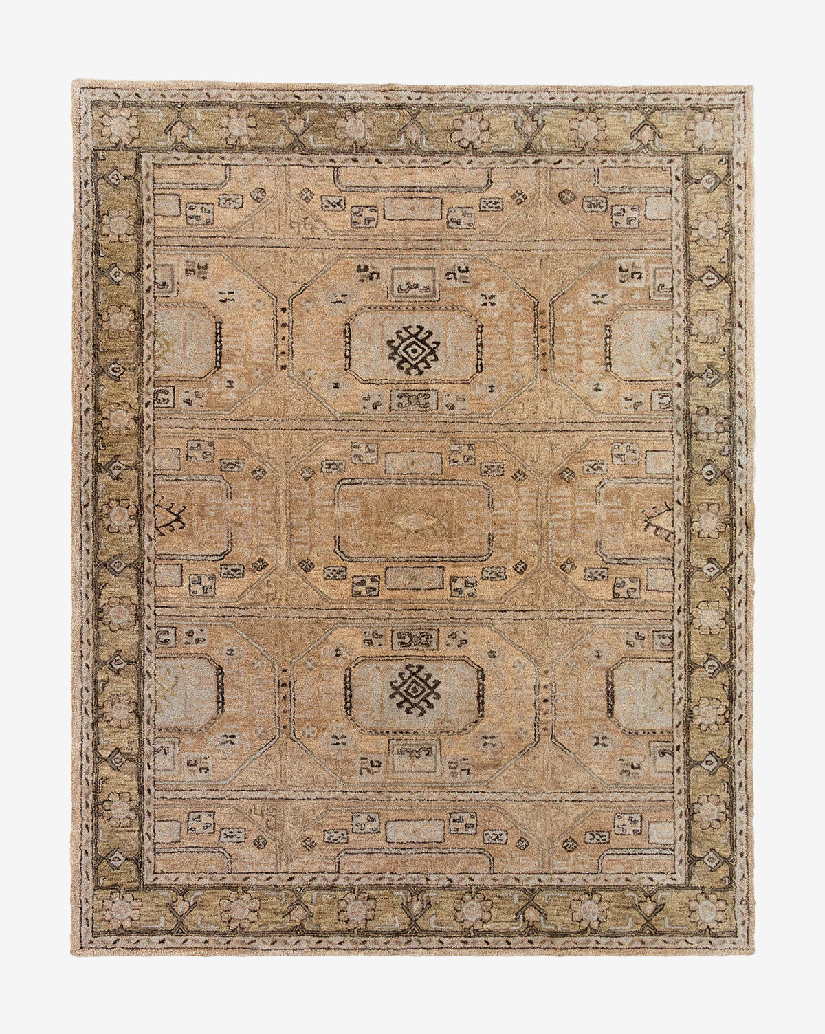 The Ellington Fawn Hand-Tufted Wool Rug features beige and olive green tones with geometric patterns, central medallion motifs, and a floral border for a timeless look, by Vendixs