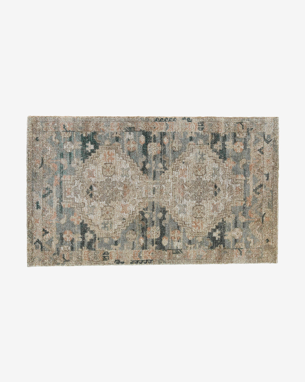 The Wilshire Blue Hand-Tufted Wool Rug features a rectangular shape with a muted, vintage-inspired geometric pattern in beige, taupe, and blue tones, plus subtle distressed details throughout, by Vendixs