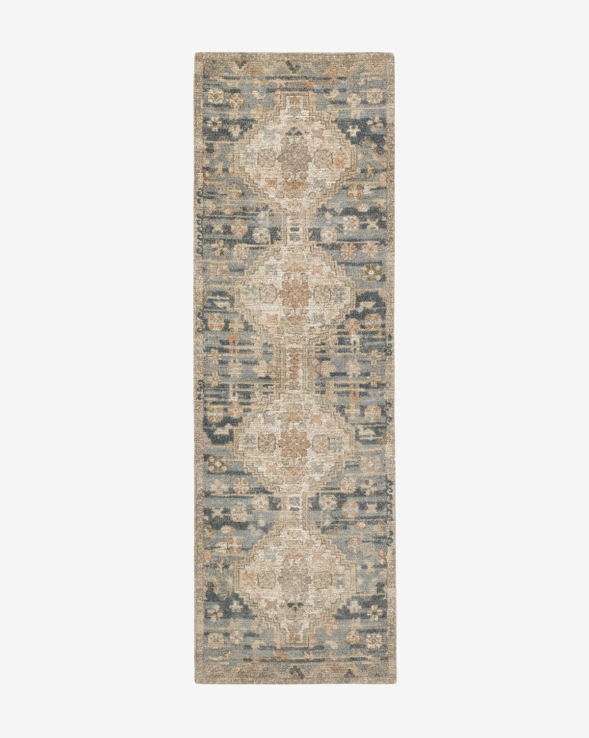 The Wilshire Blue Hand-Tufted Wool Rug is a rectangular, vintage-style runner in a muted blue, beige, and tan palette, featuring intricate geometric and floral patterns with a central medallion design, by Vendixs