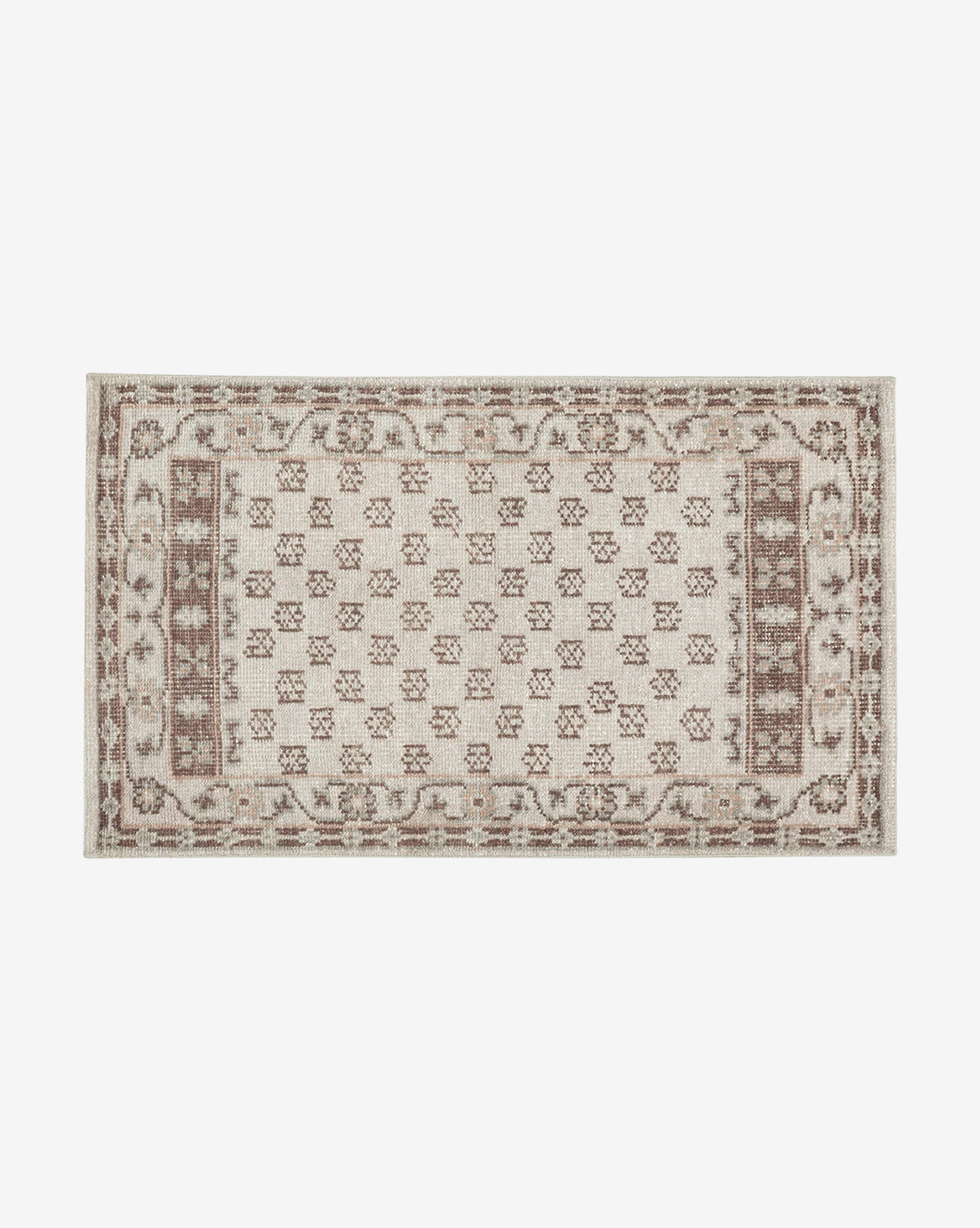 The Anya Neutral Hand-Knotted Wool Rug features a rectangular beige background with an intricate geometric and floral pattern in brown and gray, finished with a decorative border, by Vendixs
