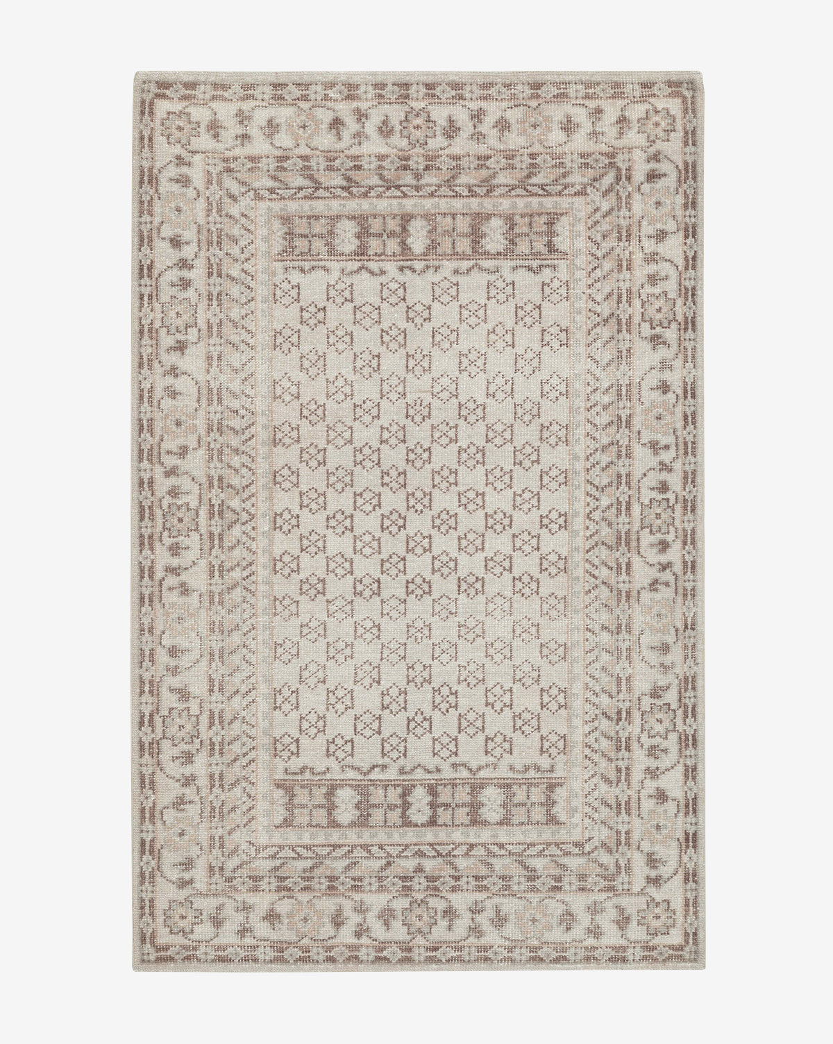The Anya Neutral Hand-Knotted Wool Rug is a rectangular wool area rug featuring a beige and light brown geometric pattern, intricate central and border designs, and detailed edges, by Vendixs