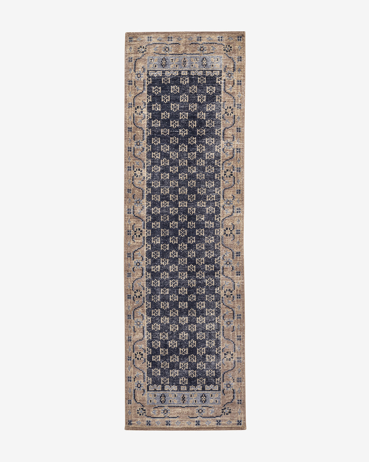 The Anya Indigo Hand-Knotted Wool Rug runner features a rectangular shape with an indigo, dark blue, and beige geometric center design and decorative border, ideal for transitional spaces, by Vendixs