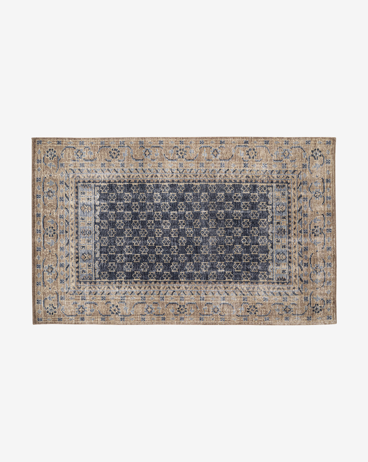 The Anya Indigo Hand-Knotted Wool Rug features a dark blue geometric center with a wide beige border of intricate florals and vines, blending traditional elegance with transitional style, by Vendixs