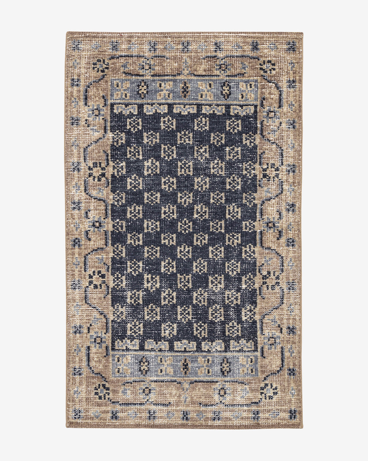 The Anya Indigo Hand-Knotted Wool Rug is a rectangular wool piece featuring navy and beige geometric and floral patterns, a checkered center, ornate border, and a slightly distressed vintage look, by Vendixs