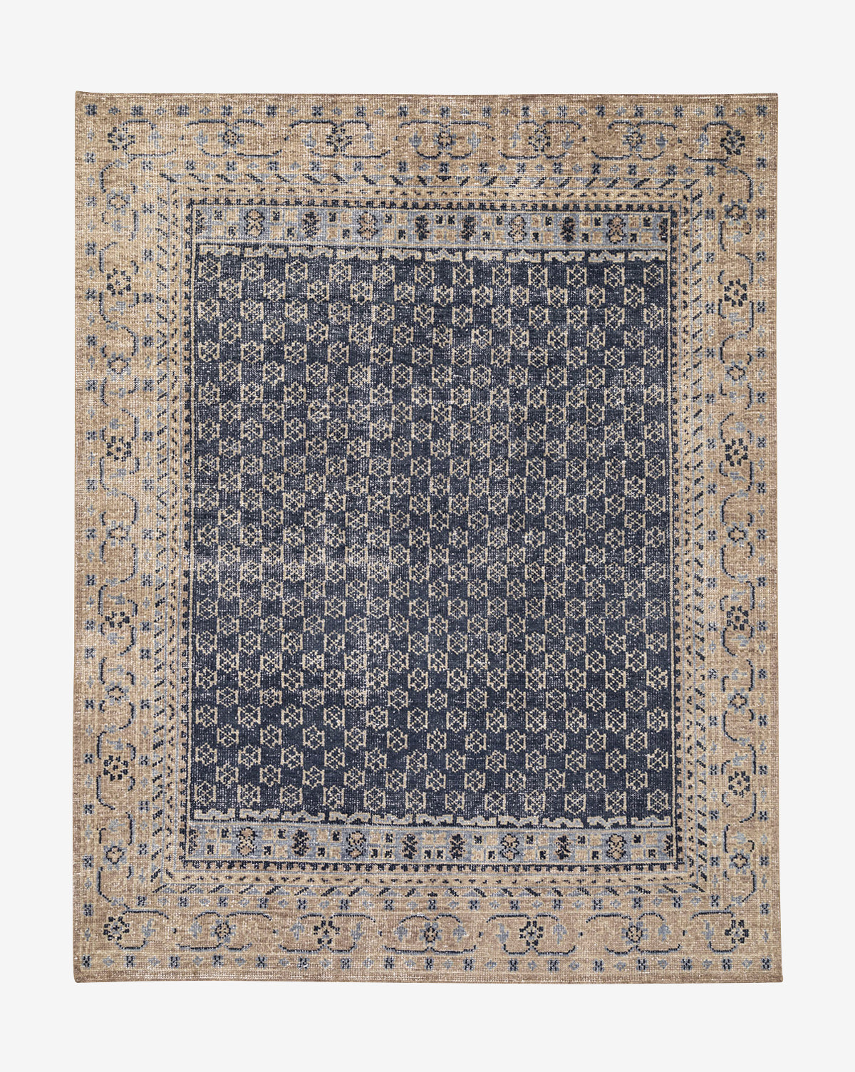 The Obeetee Anya Indigo Hand-Knotted Wool Rug is square-shaped with a dense geometric grid in navy and beige at the center, accented by a detailed floral border for a striking transitional look, Vendixs