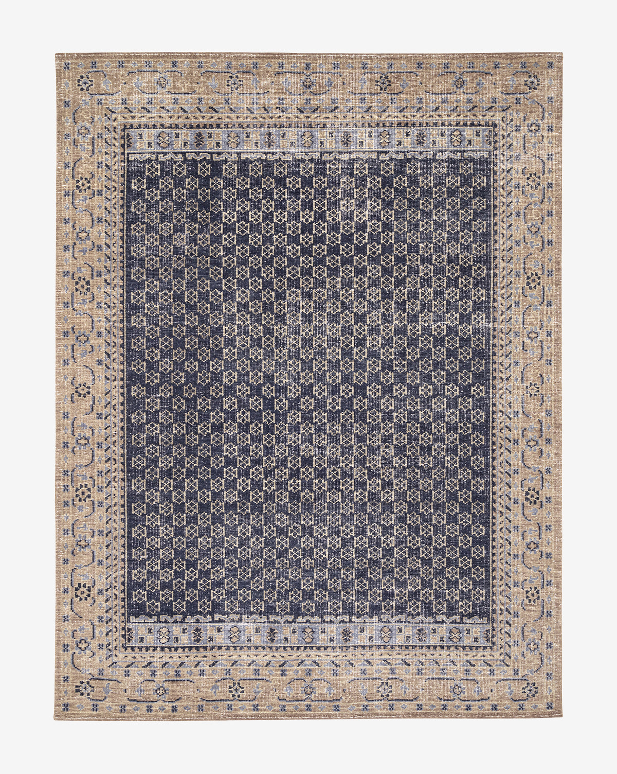 The Anya Indigo Hand-Knotted Wool Rug features a navy blue and beige geometric pattern, wide beige floral border, and a central navy field with an interlocking diamond design in transitional style, by Vendixs