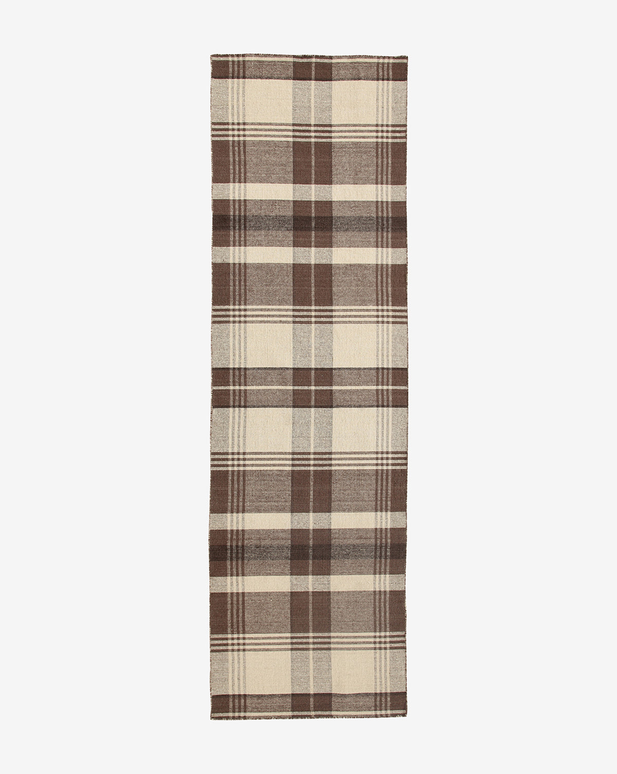 The Orton Handwoven Wool Rug features a classic plaid pattern in brown and beige wool, with intersecting lines that add rustic charm and a neutral touch to any space, by Vendixs