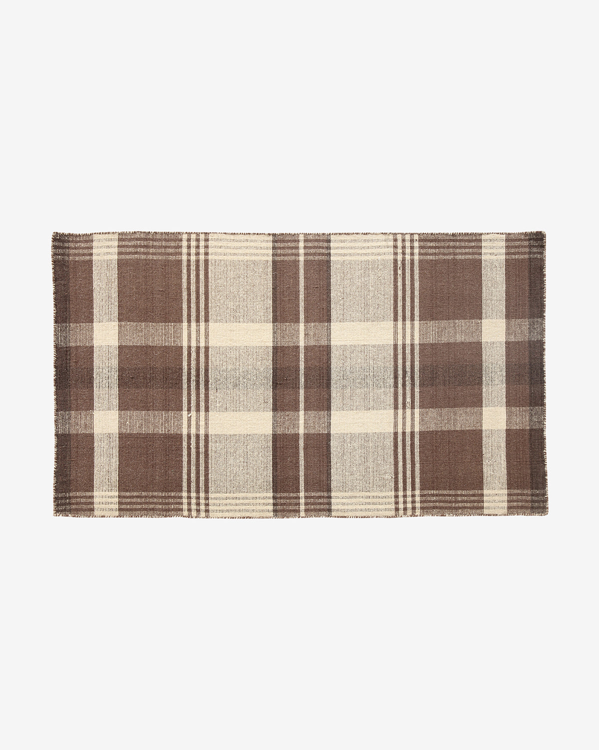 The Orton Handwoven Wool Rug features a rectangular shape, brown and beige plaid pattern with intersecting lines and large checks, slightly fringed edges, and is shown on a white background, by Vendixs