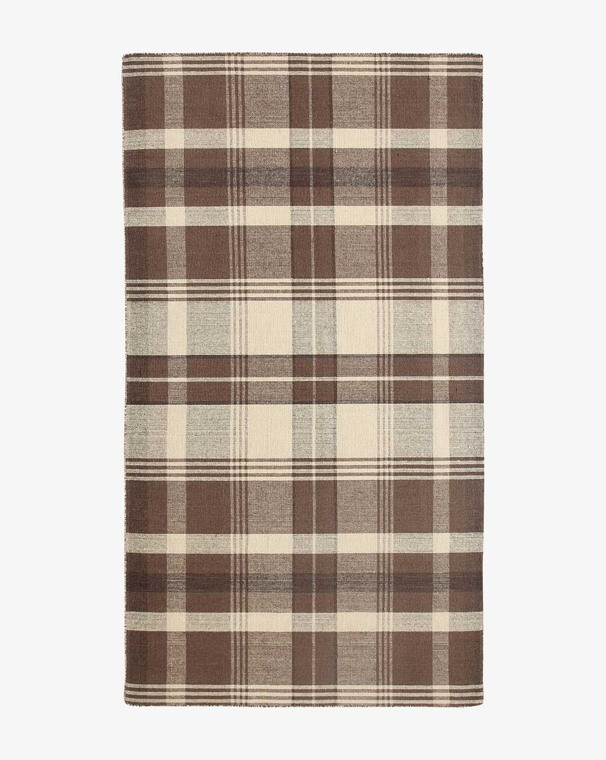 The Orton Handwoven Wool Rug features a rectangular design with a plaid pattern in brown, beige, and cream, showcasing overlapping horizontal and vertical stripes, by Vendixs