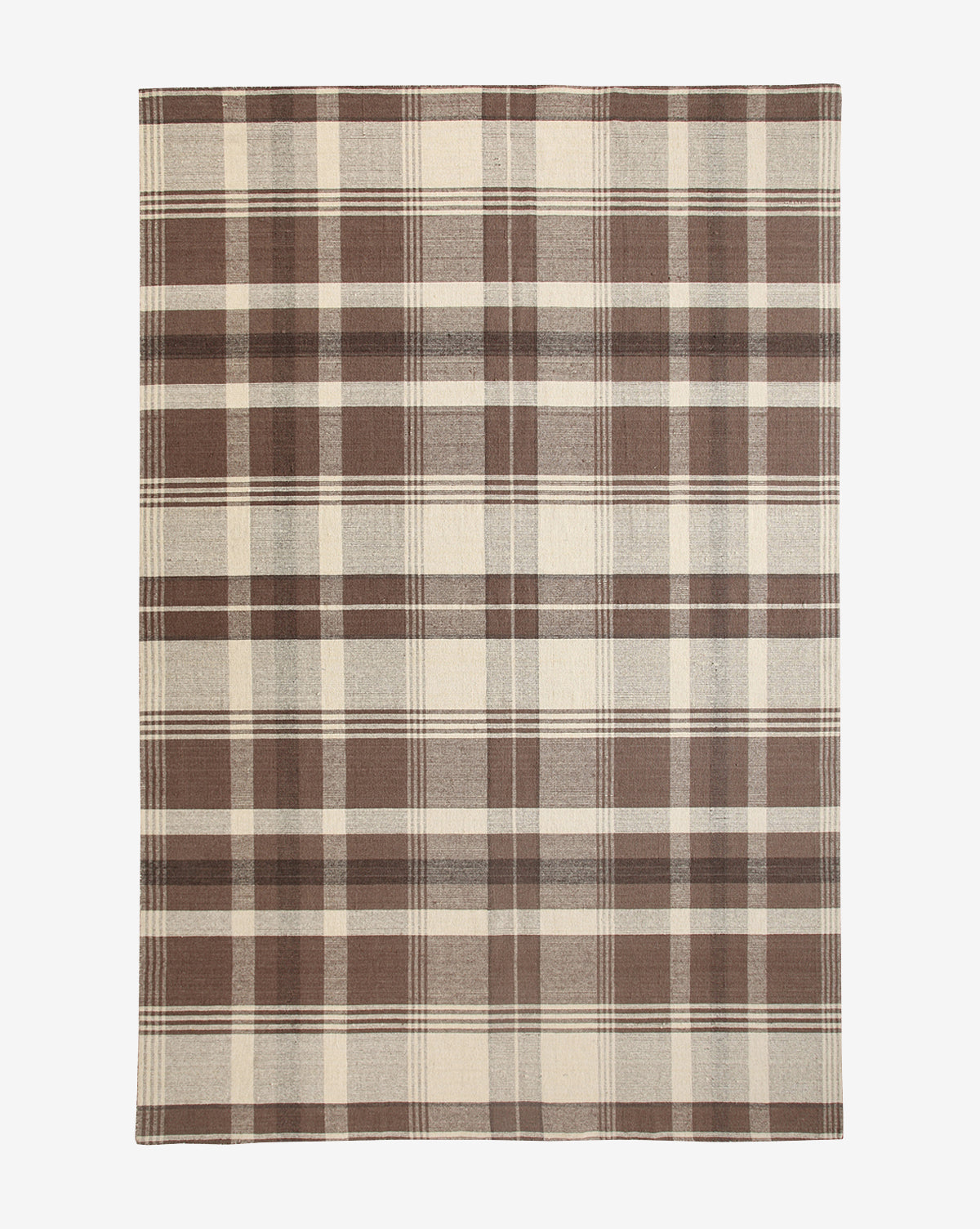 The Orton Handwoven Wool Rug is a rectangular wool rug with a plaid pattern in brown, beige, and cream, featuring evenly spaced vertical and horizontal lines, by Vendixs