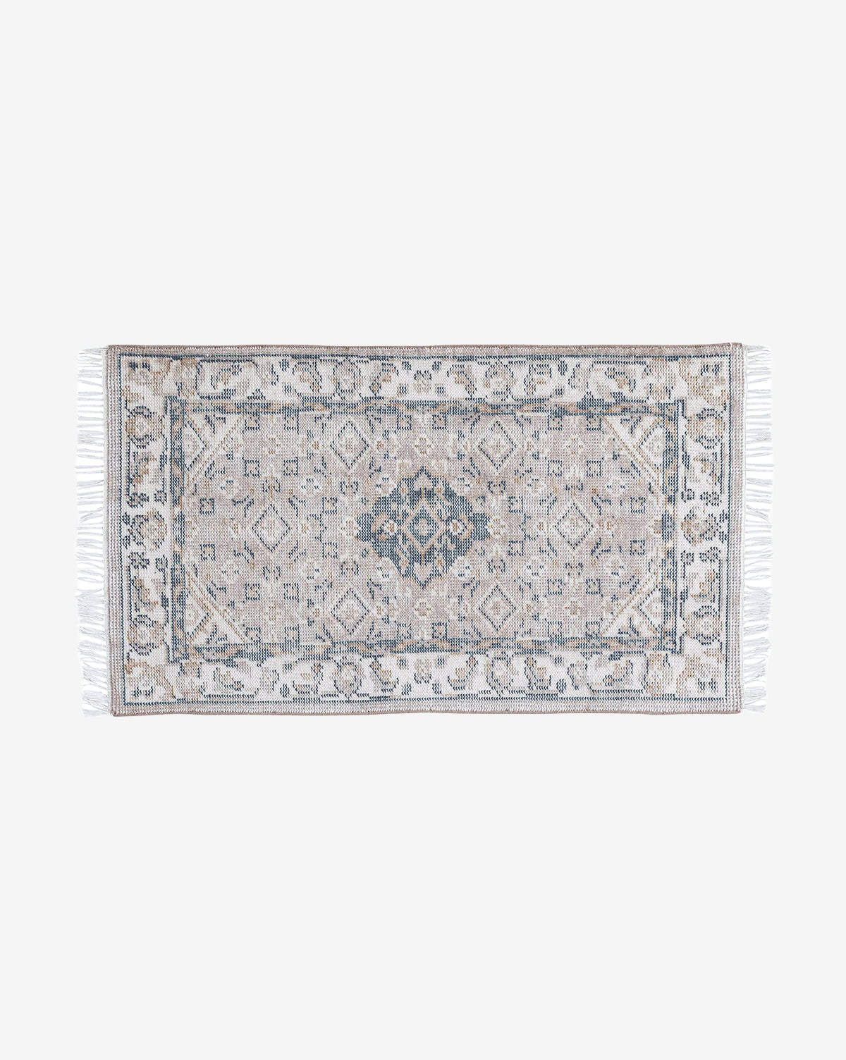 The Merilyn Hand-Knotted Rug is a rectangular, high-quality polyester piece featuring a detailed geometric and floral pattern in muted beige, gray, and blue with white fringes on the short ends, set against a light background, by Vendixs