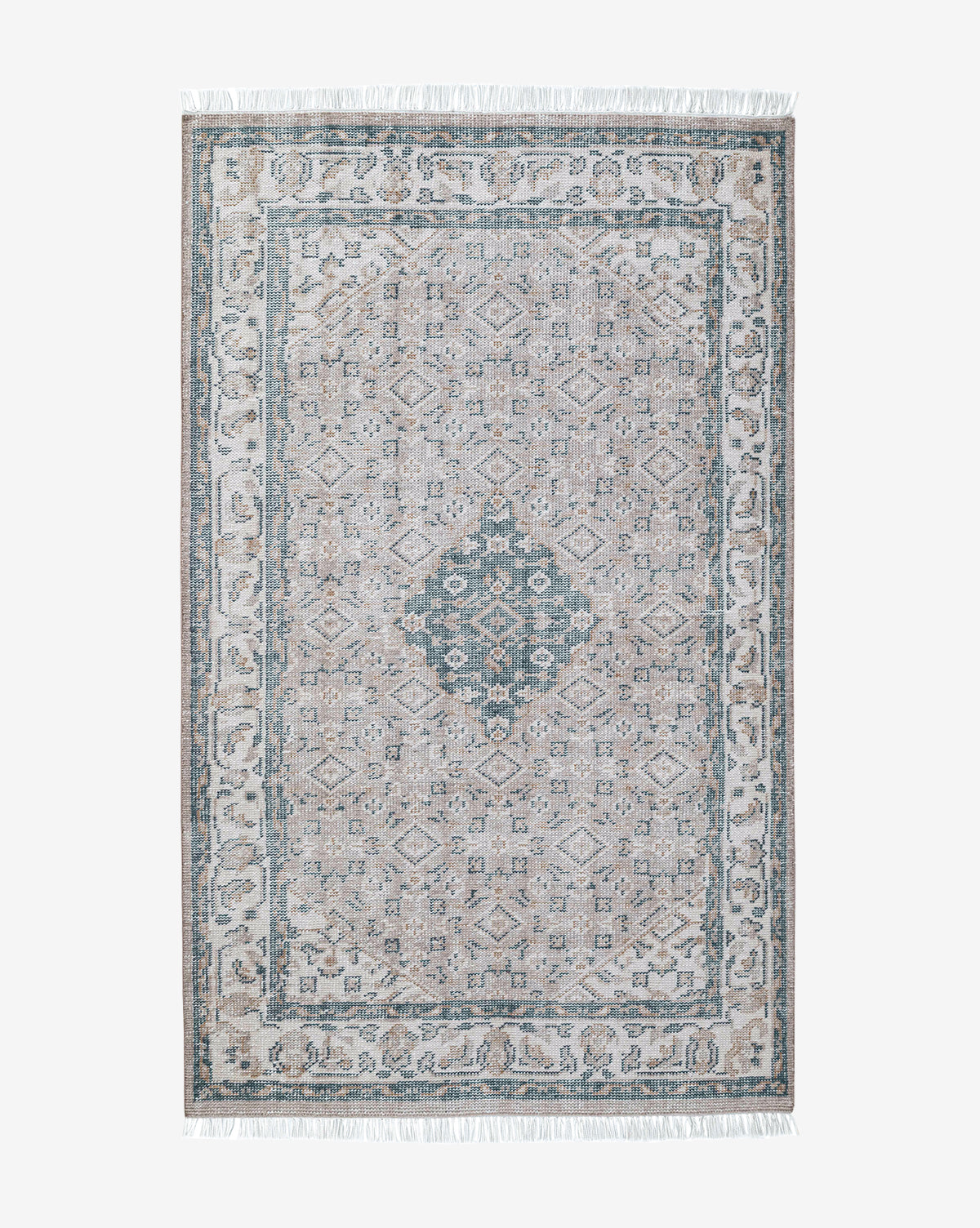 The Merilyn Hand-Knotted Rug features a rectangular shape, central diamond medallion, intricate geometric and floral motifs in muted blue, beige, and cream tones, finished with short fringe on the shorter edges, by Vendixs