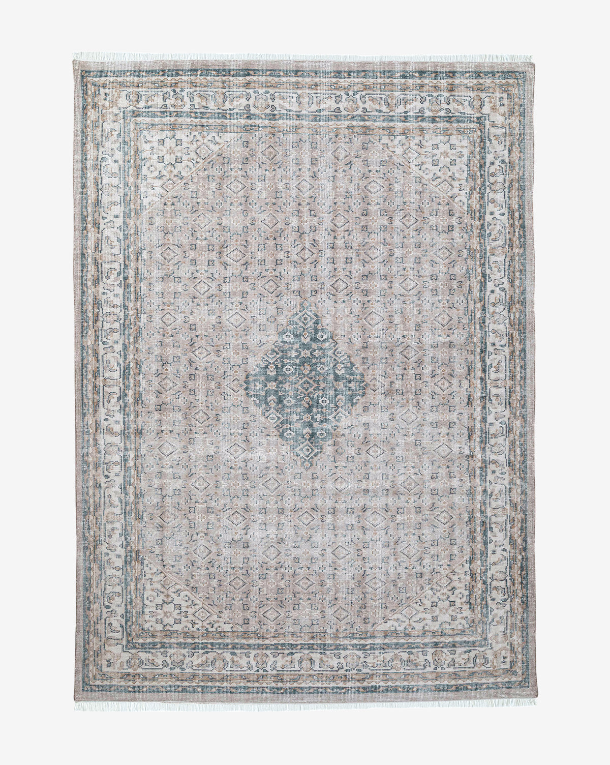 The Merilyn Hand-Knotted Rug is rectangular and handmade, showcasing a central diamond medallion with intricate, symmetrical patterns in muted beige, gray, and blue tones, plus multiple decorative borders, by Vendixs